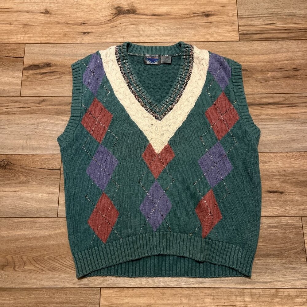 Mens VTG Etchings Knit Sweater Vest LARGE Argyle Multicolor V-Neck Retro Grandpa